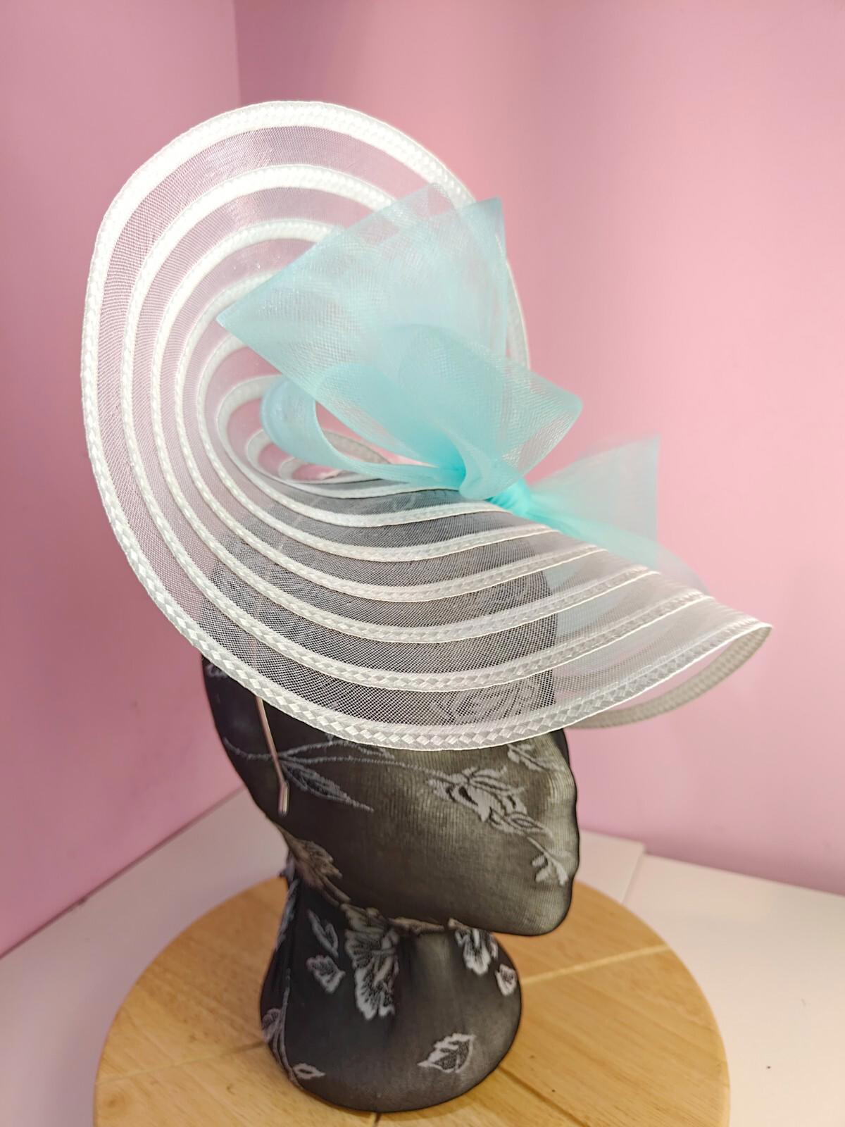 white blue bow fascinator millinery wedding hat Kentucky Derby Royal Ascot