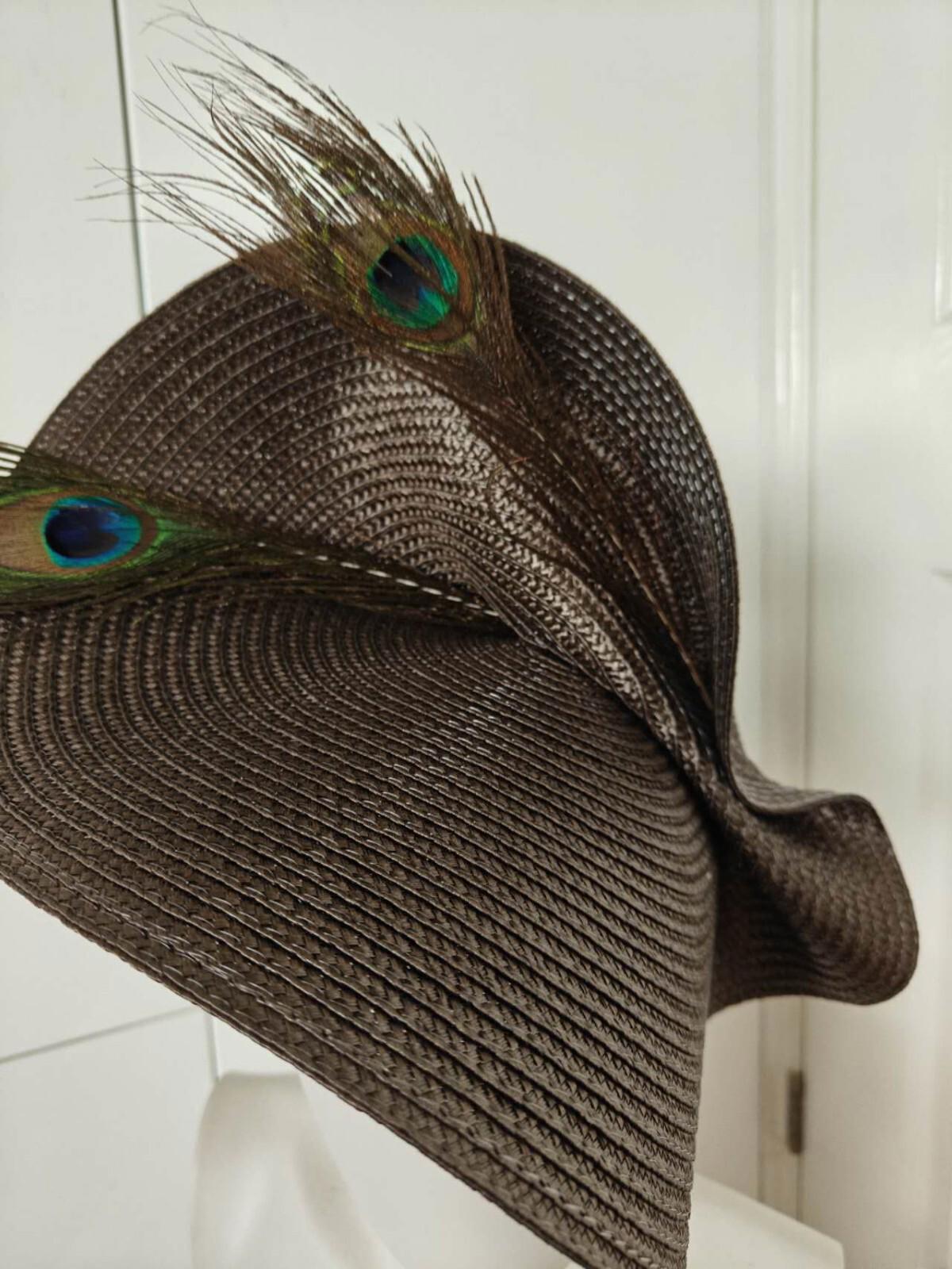 dark brown large straw fascinator peacock feather millinery headband wedding hat