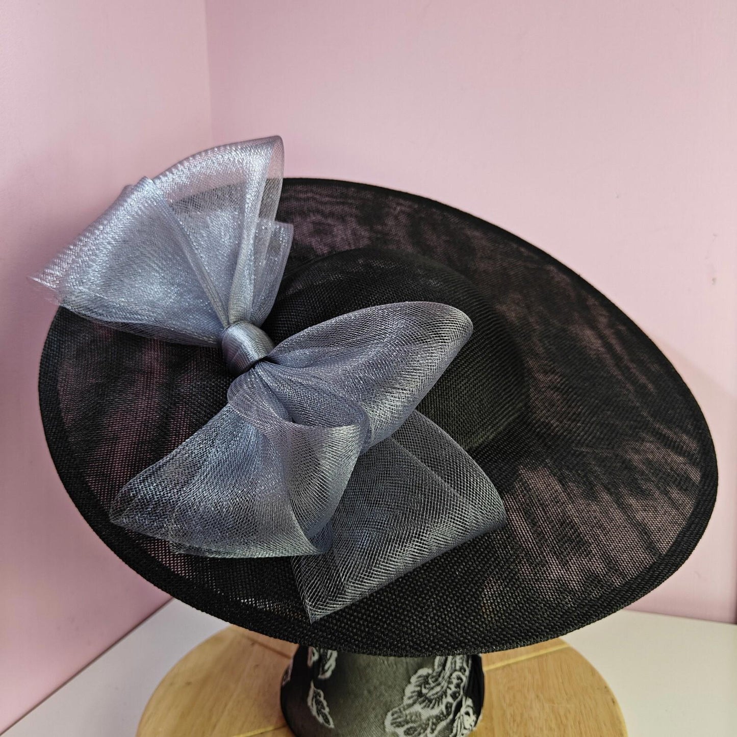 black grey large fascinator wedding hat Kentucky Derby Royal Ascot bow
