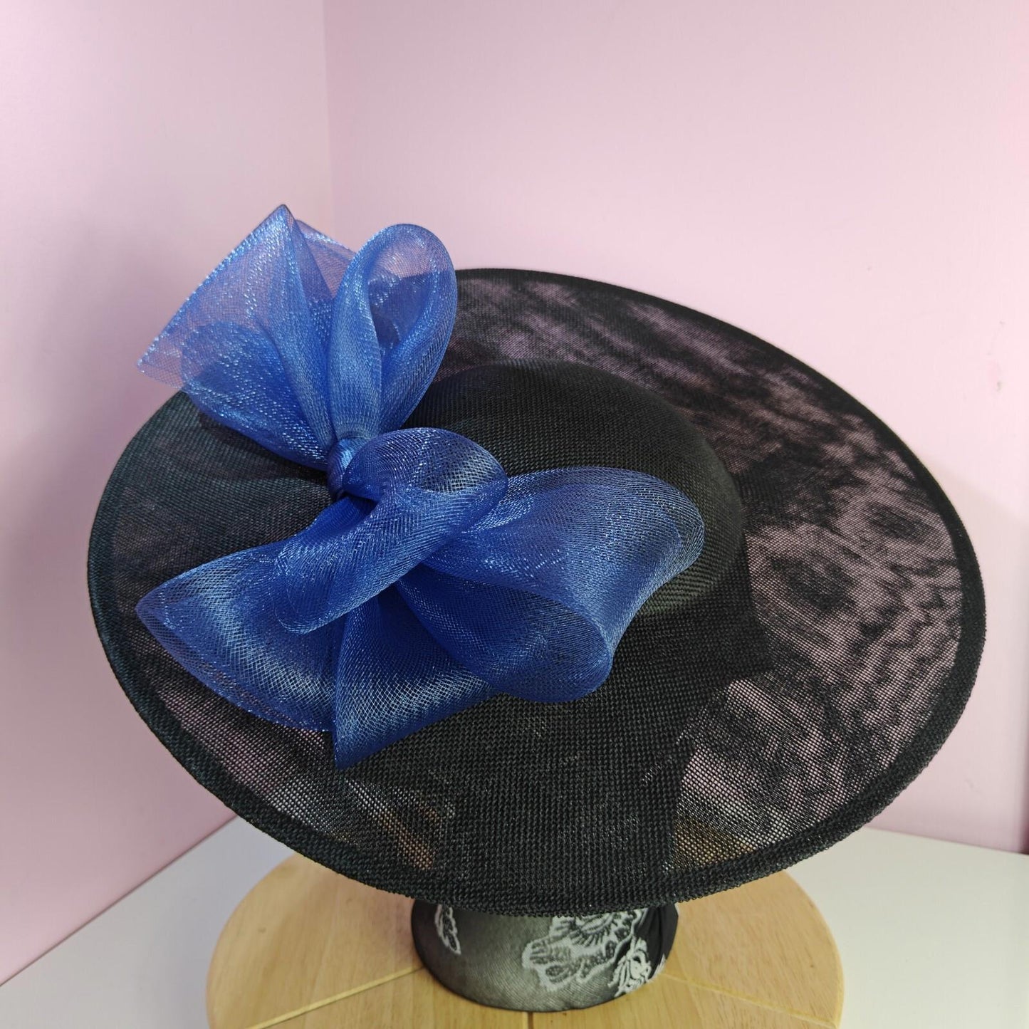black blue large fascinator wedding hat Kentucky Derby Royal Ascot bow