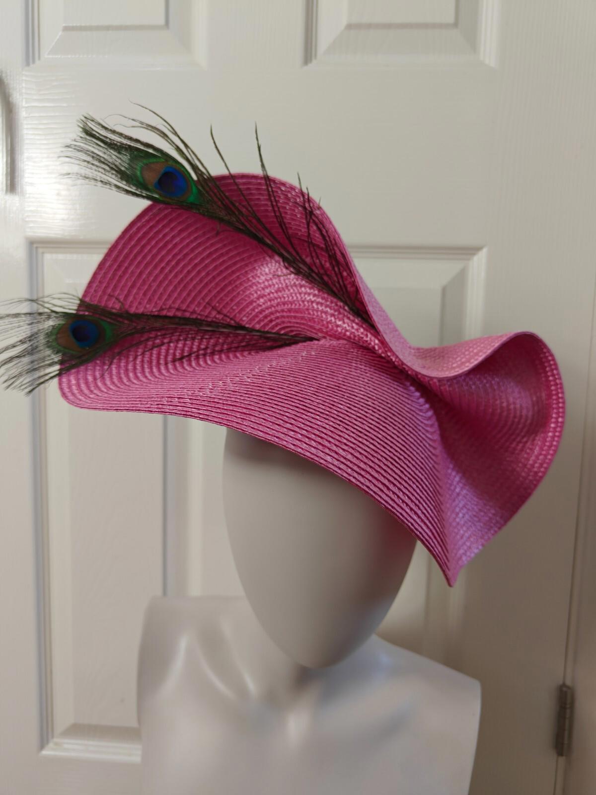 pink large straw fascinator peacock feather millinery headband wedding hat