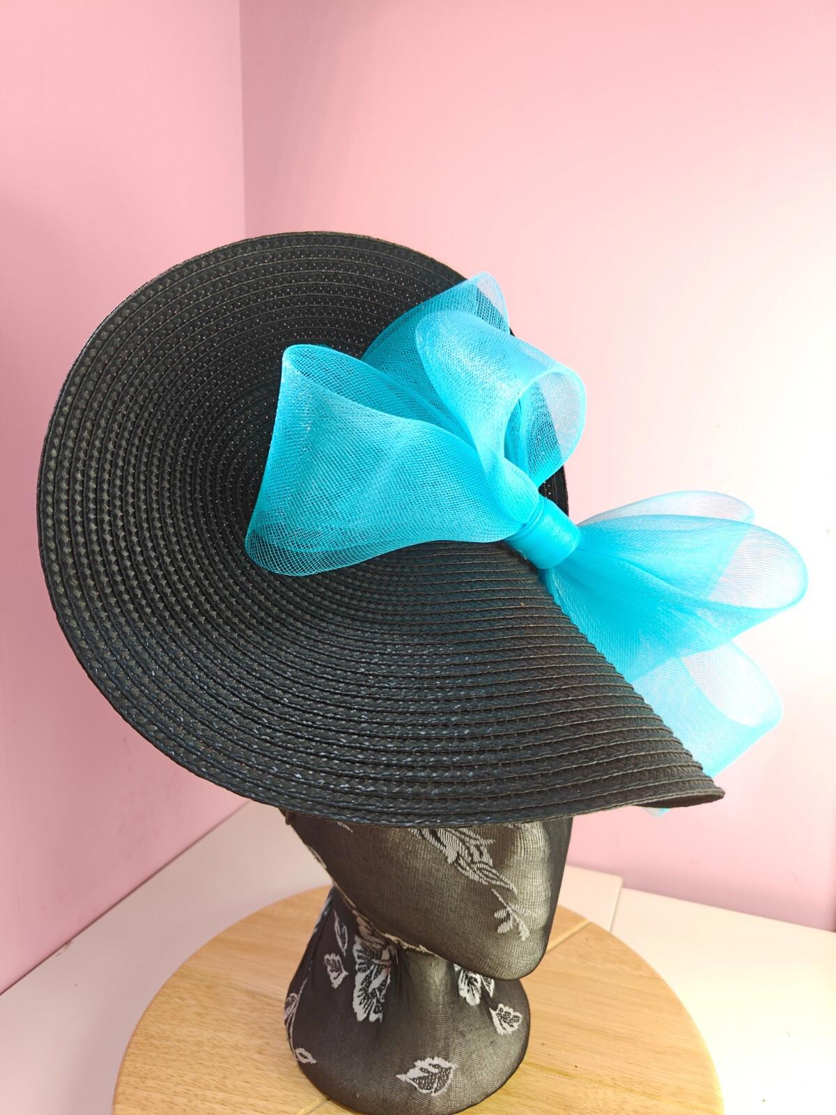 black turquoise large straw fascinator wedding hat Kentucky Derby Royal Ascot