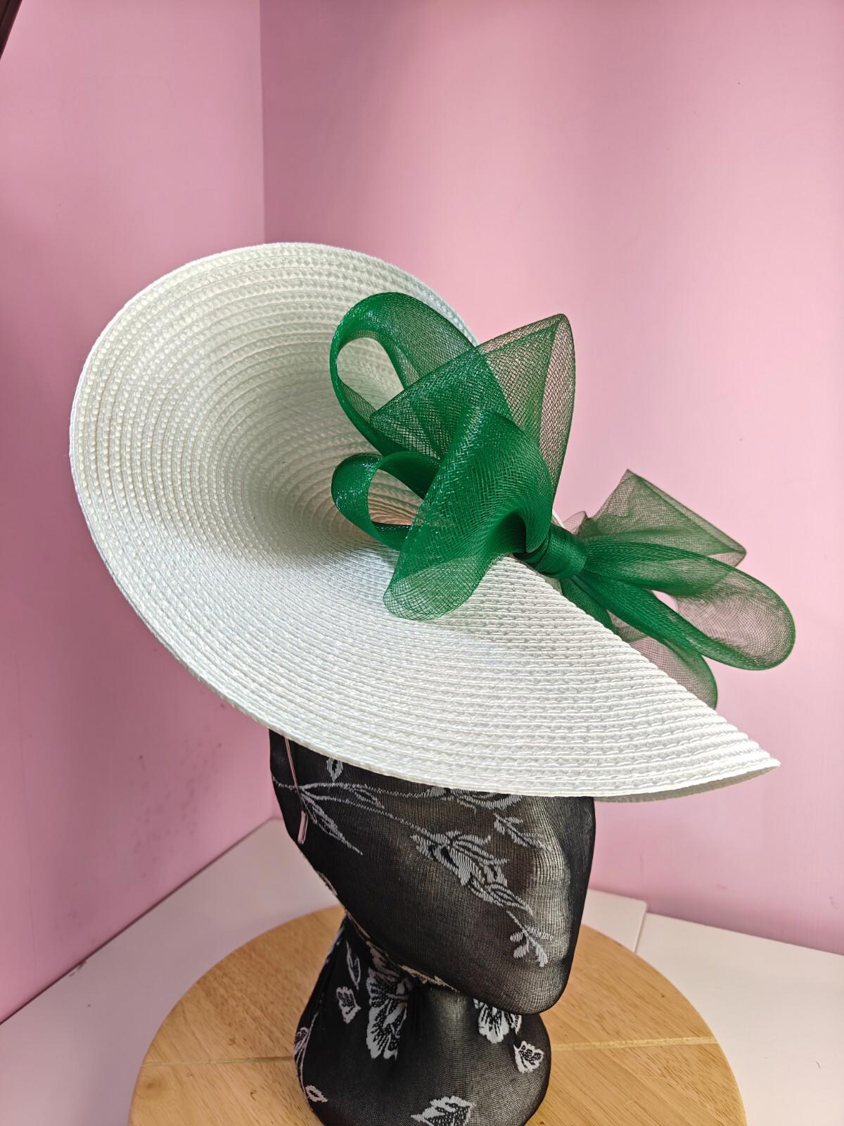 white green large straw fascinator wedding hat Kentucky Derby Royal Ascot