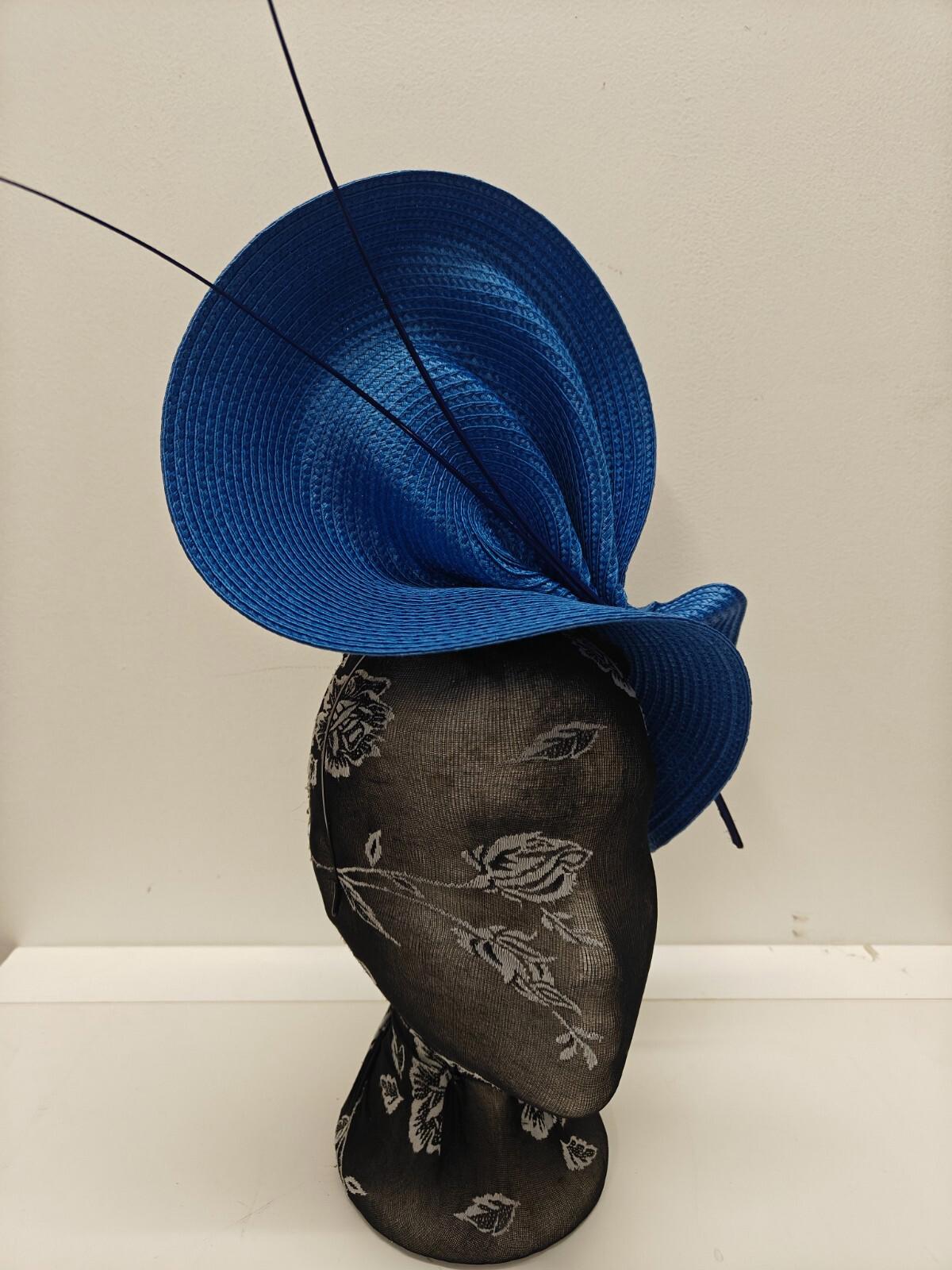 blue large straw fascinator ostrich quill spine millinery headband wedding hat