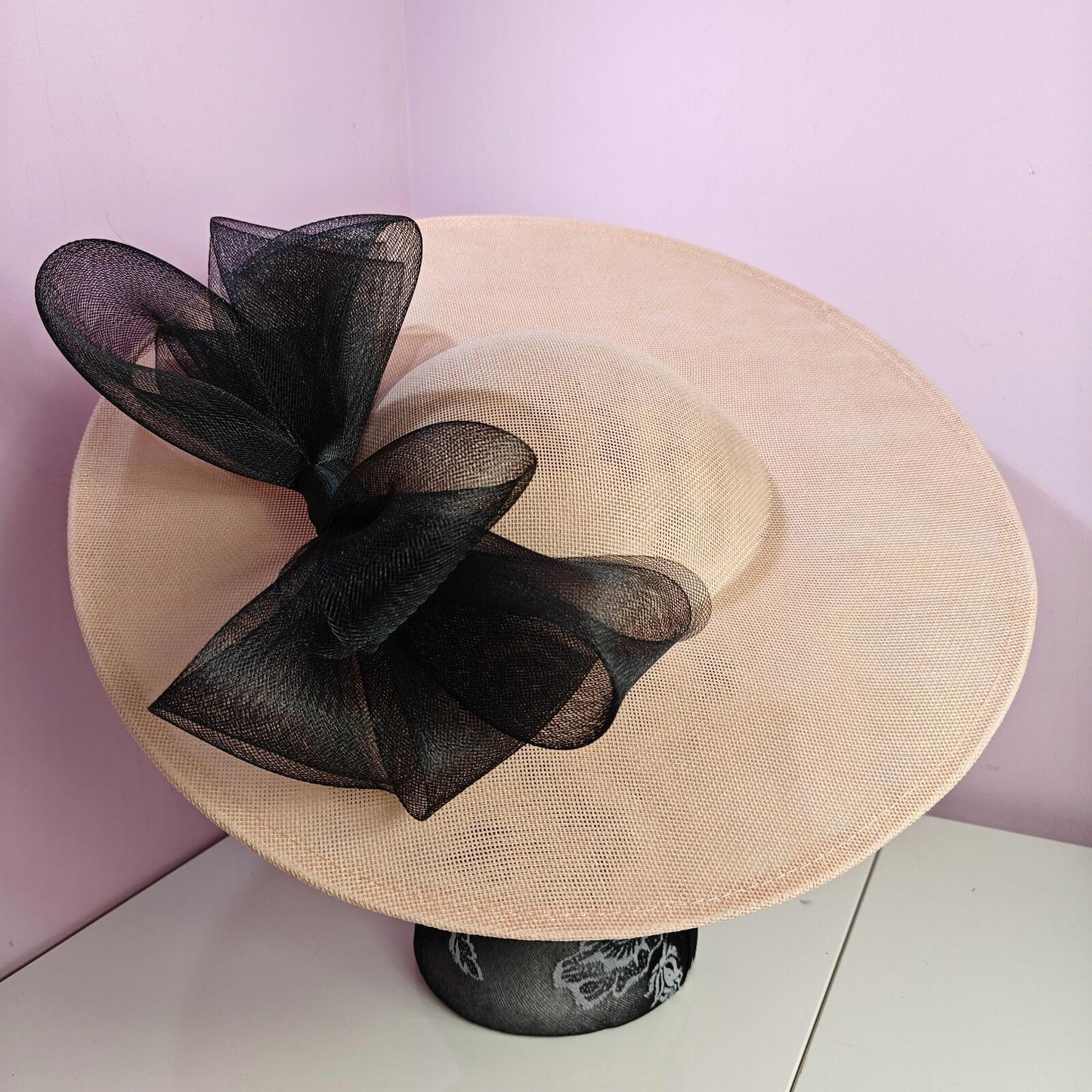 peach black large fascinator headband wedding hat Kentucky Derby Ascot bow