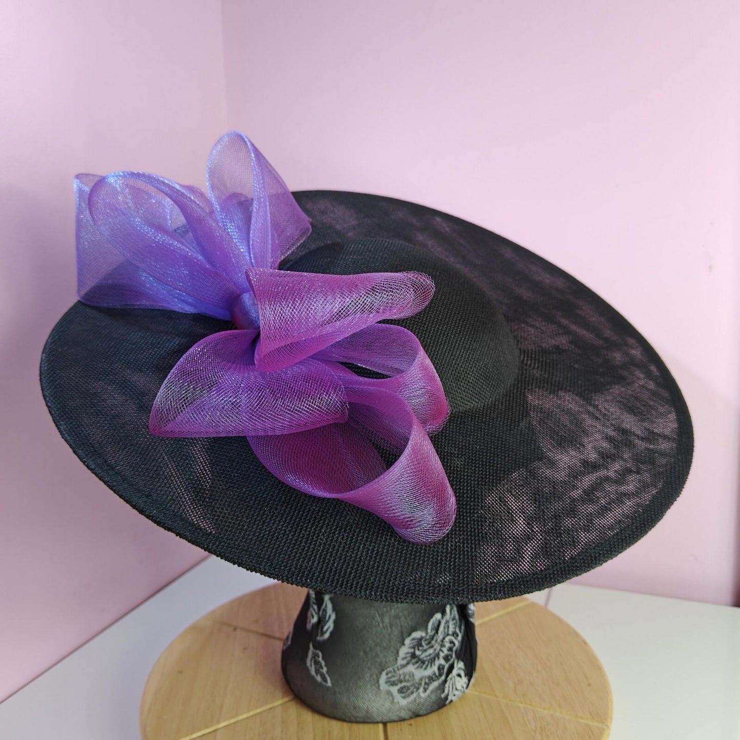 black purple large fascinator wedding hat Kentucky Derby Royal Ascot bow