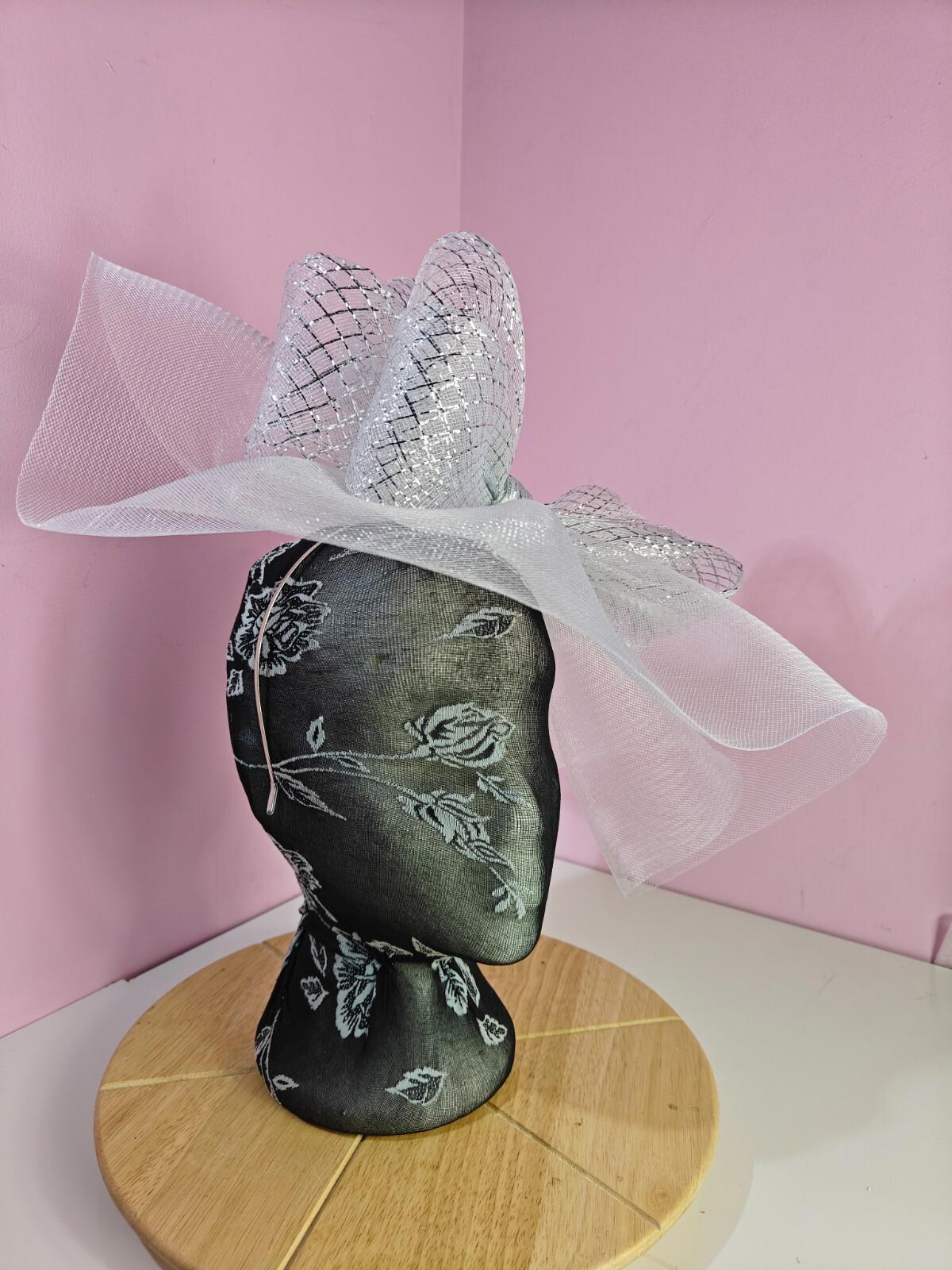 white silver fascinator millinery headband derby wedding hat ascot race