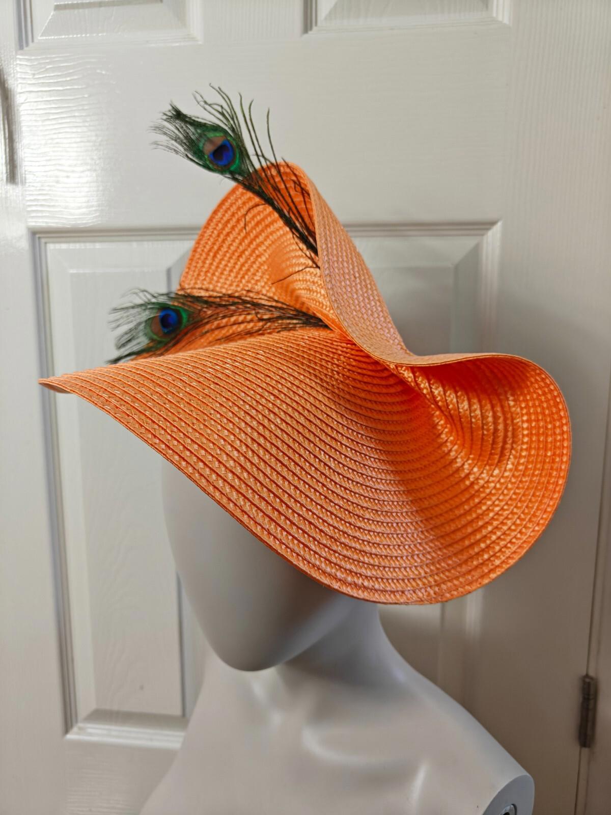 orange large straw fascinator peacock feather millinery headband wedding hat