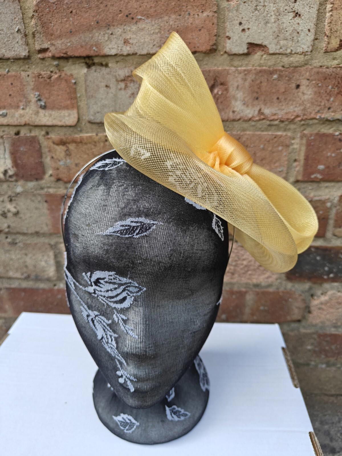 Gold yellow fascinator millinery burlesque headband wedding hat ascot race