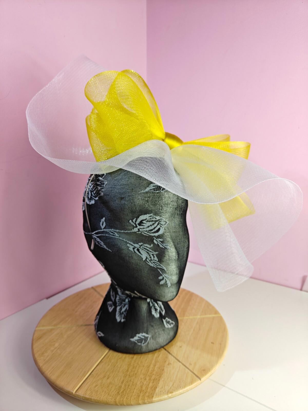 white yellow fascinator millinery headband derby wedding hat ascot race