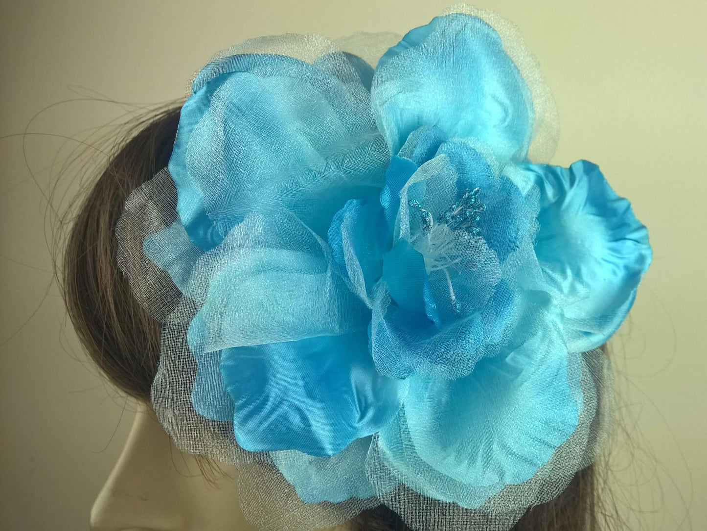 light blue satin flower fascinator millinery burlesque wedding hat bridal race