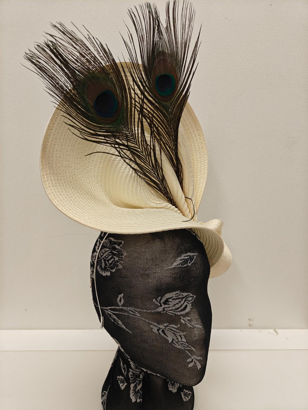 ivory large straw fascinator peacock feather millinery headband wedding hat