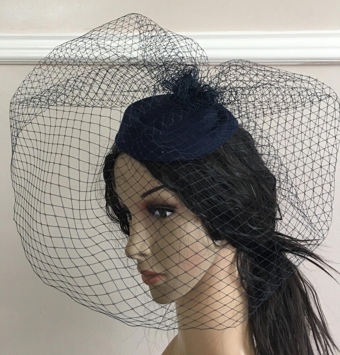navy blue felt mini pill box hat veiling french veil fascinator wedding race