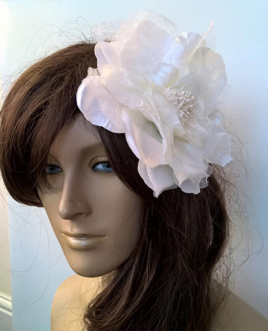 ivory satin flower fascinator millinery burlesque wedding hat bridal race