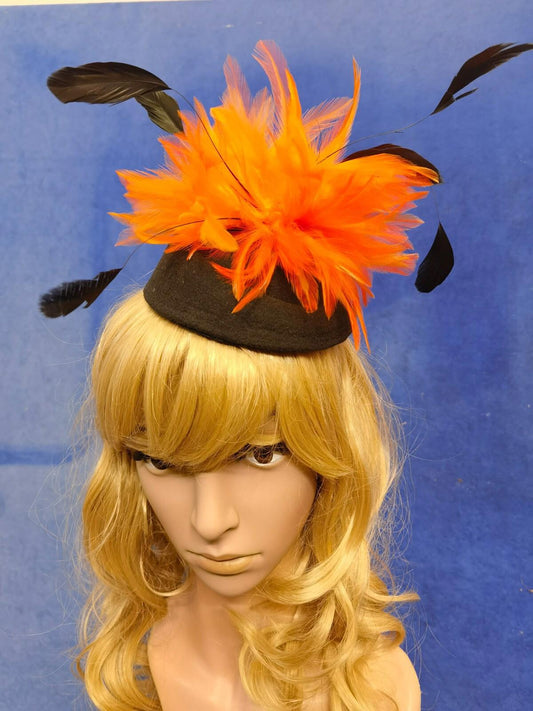 Orange black feather flower felt mini pill box hat veiling veil fascinator