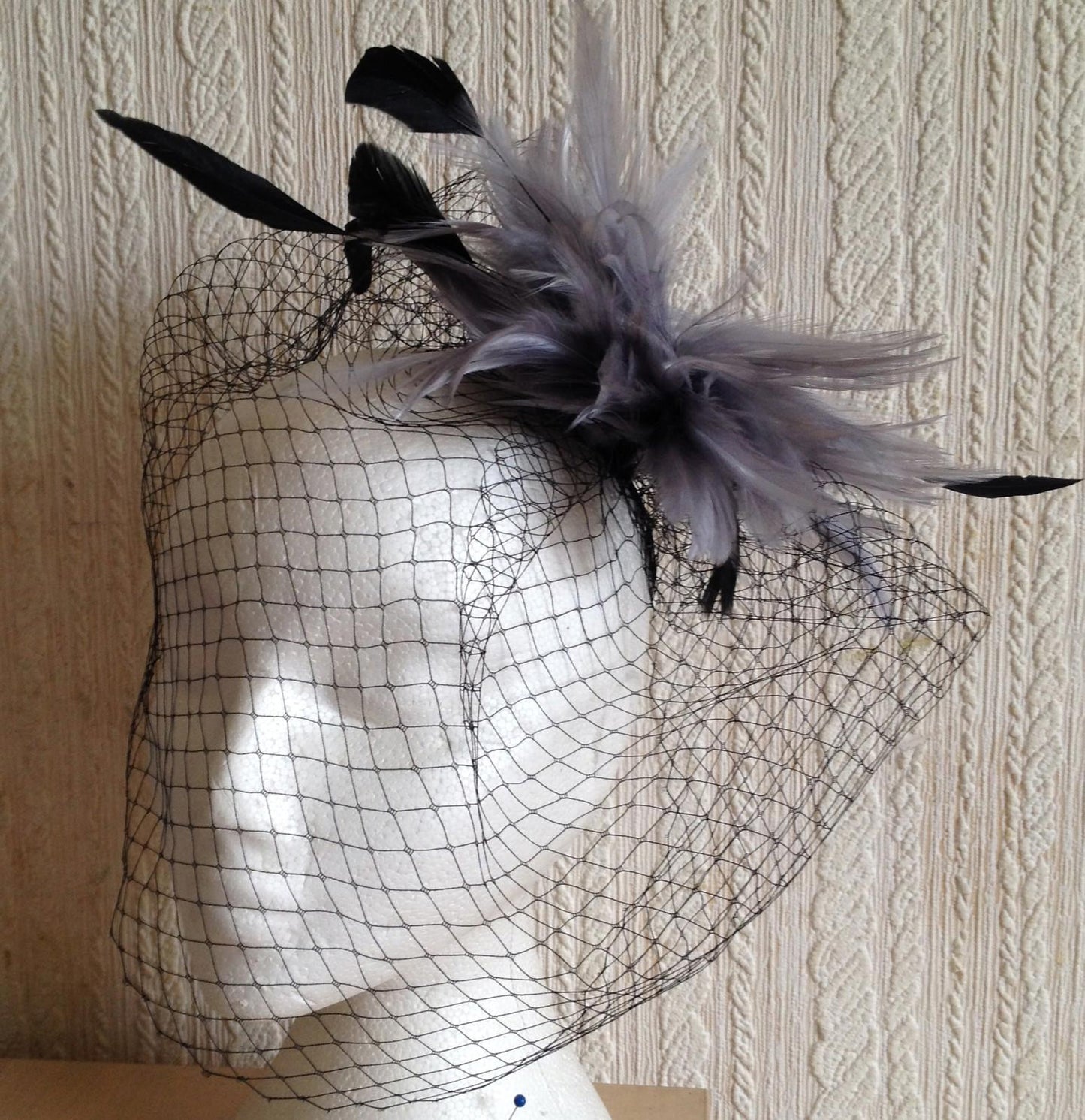 grey feather black veiling fascinator millinery brooch clip ascot wedding bridal
