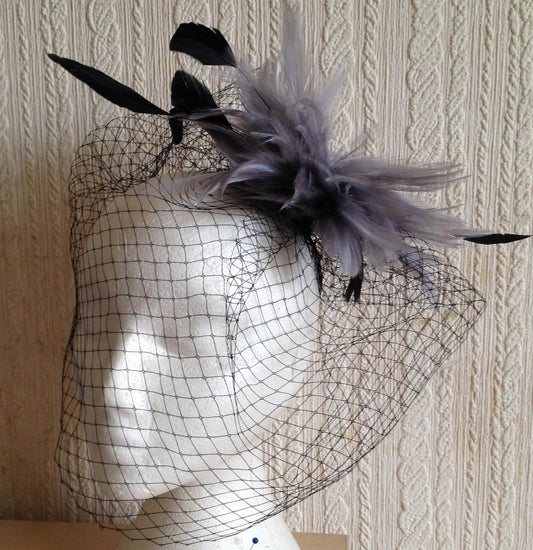 grey feather black veiling fascinator millinery brooch clip ascot wedding bridal