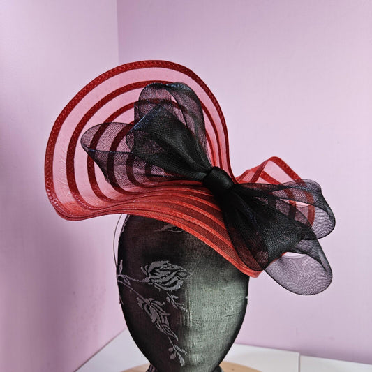 bright red black bow fascinator wedding hat Kentucky Derby Royal Ascot