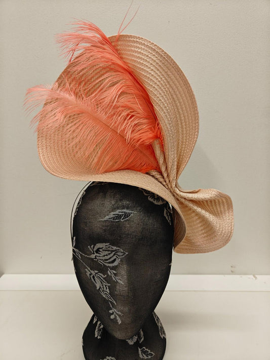 peach large straw fascinator ostrich feather millinery headband wedding hat