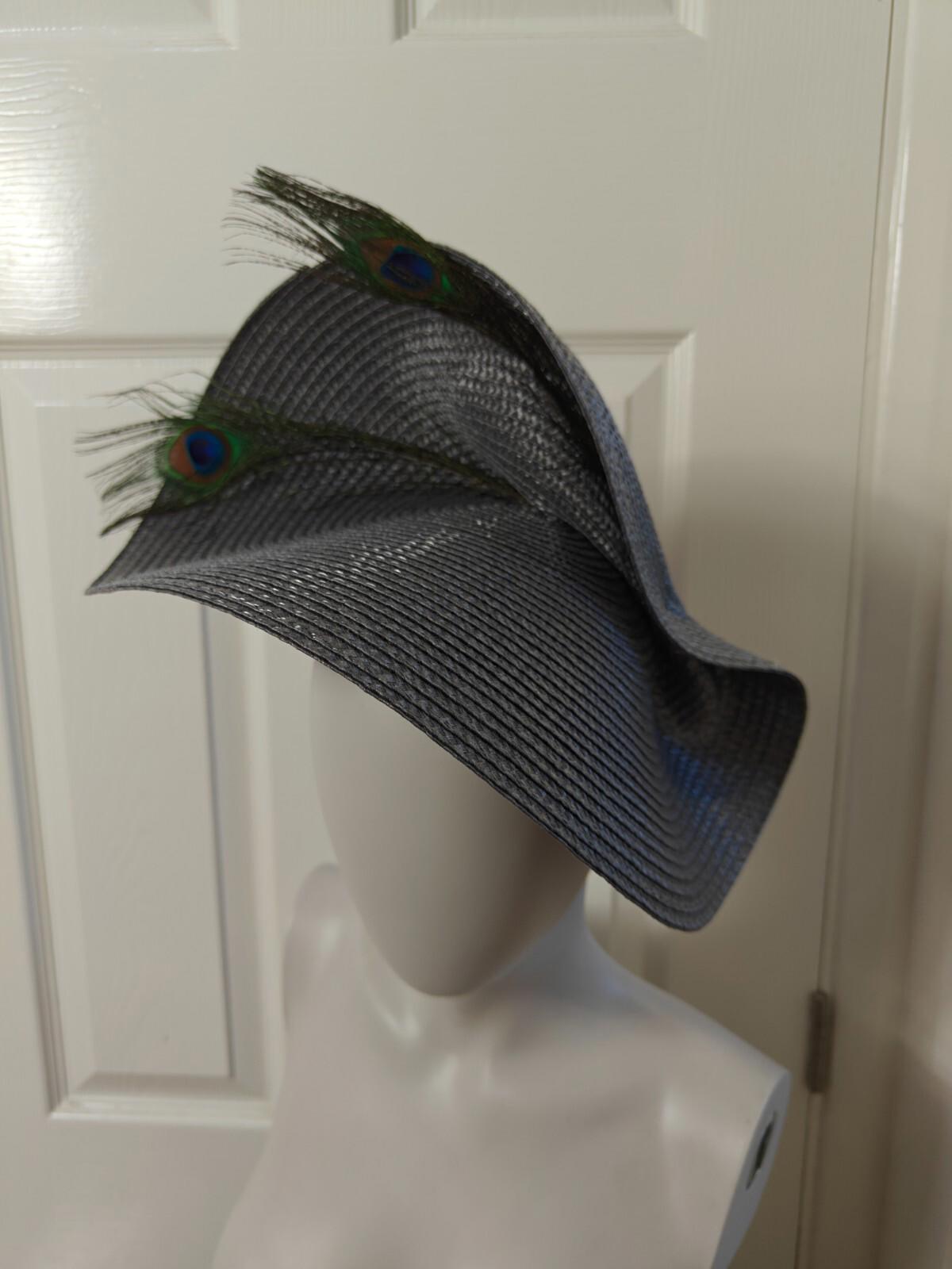 dark grey large straw fascinator peacock feather millinery headband wedding hat