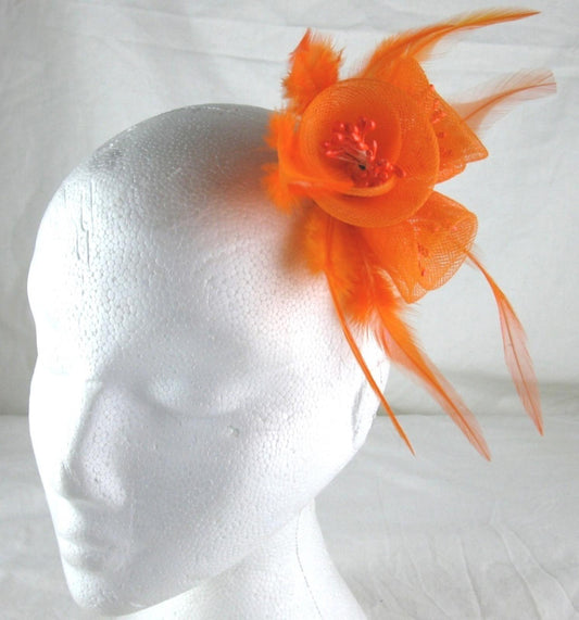 orange fascinator millinery feather brooch clip wedding bridal hair piece ascot