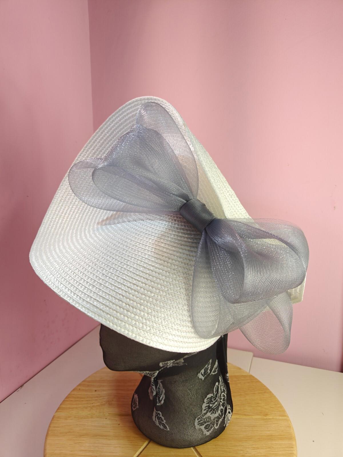white grey large straw fascinator wedding hat Kentucky Derby Royal Ascot