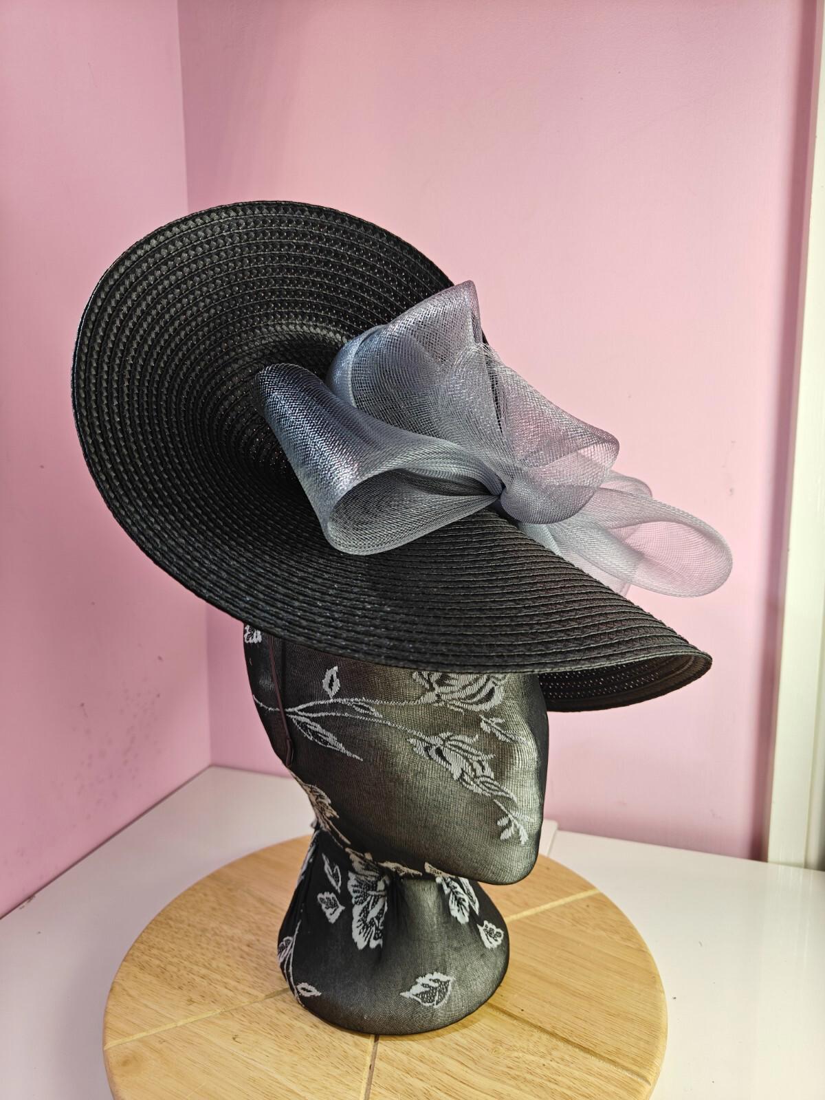 black grey large straw fascinator wedding hat Kentucky Derby Royal Ascot