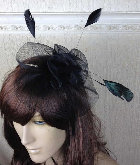 black netting feather hair headband fascinator millinery wedding hat ascot