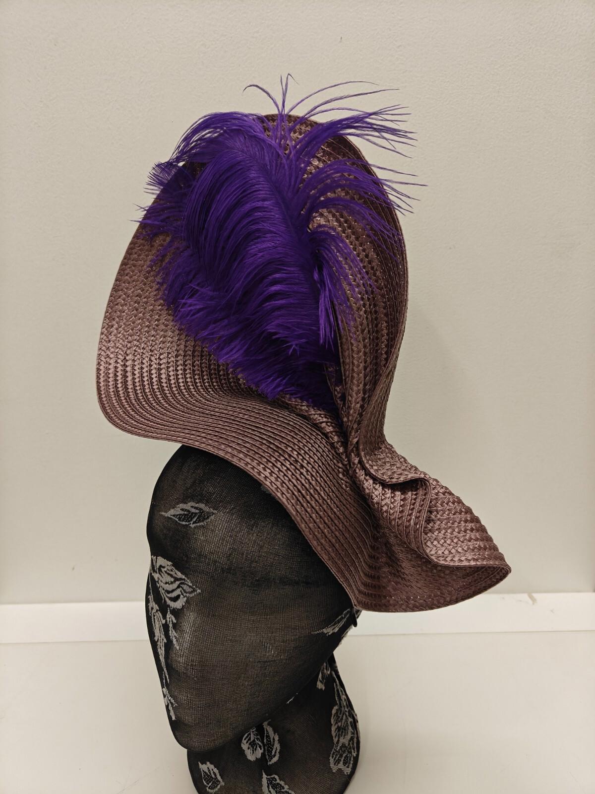 purple large straw fascinator ostrich feather millinery headband wedding hat