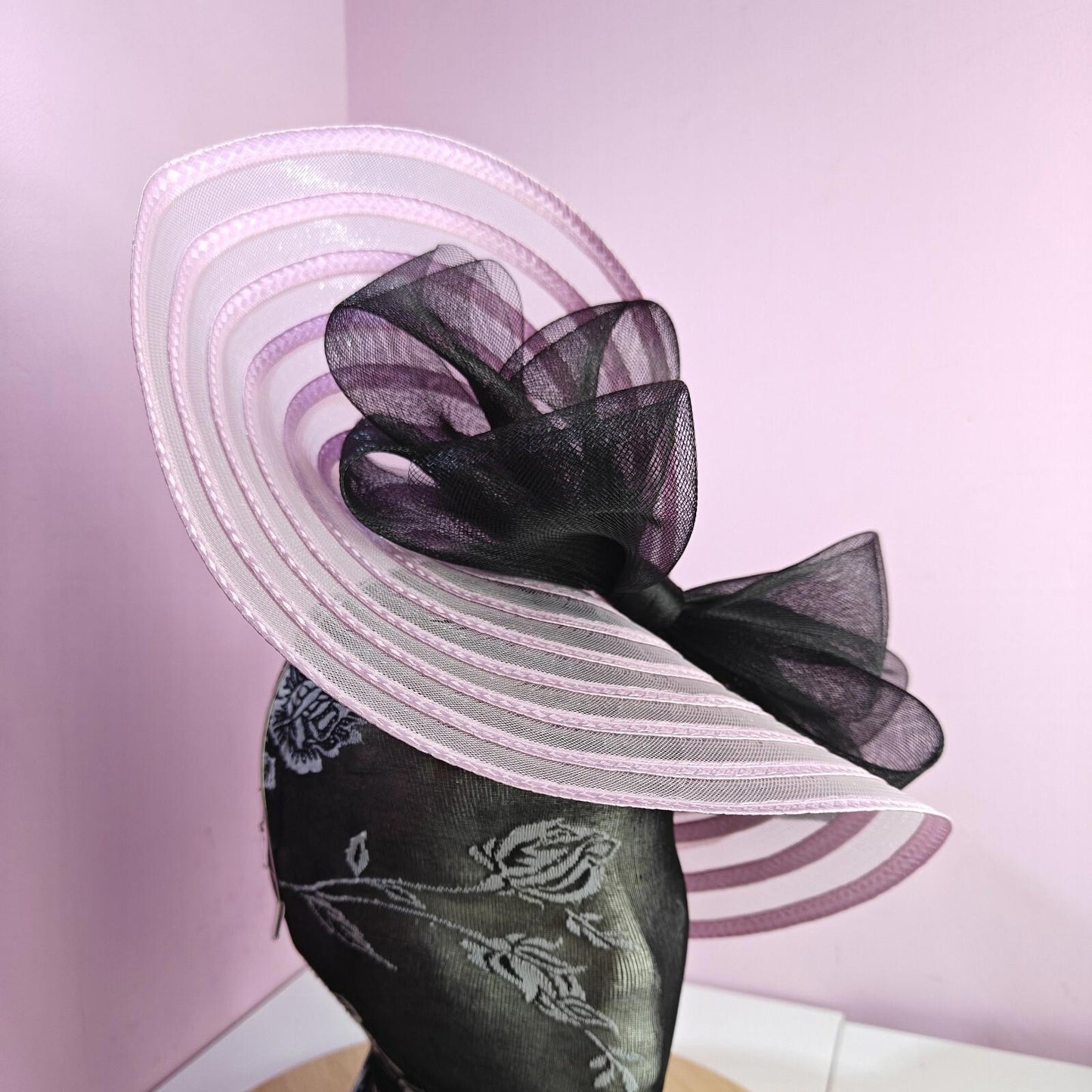 pink black bow fascinator millinery wedding hat Kentucky Derby Royal Ascot
