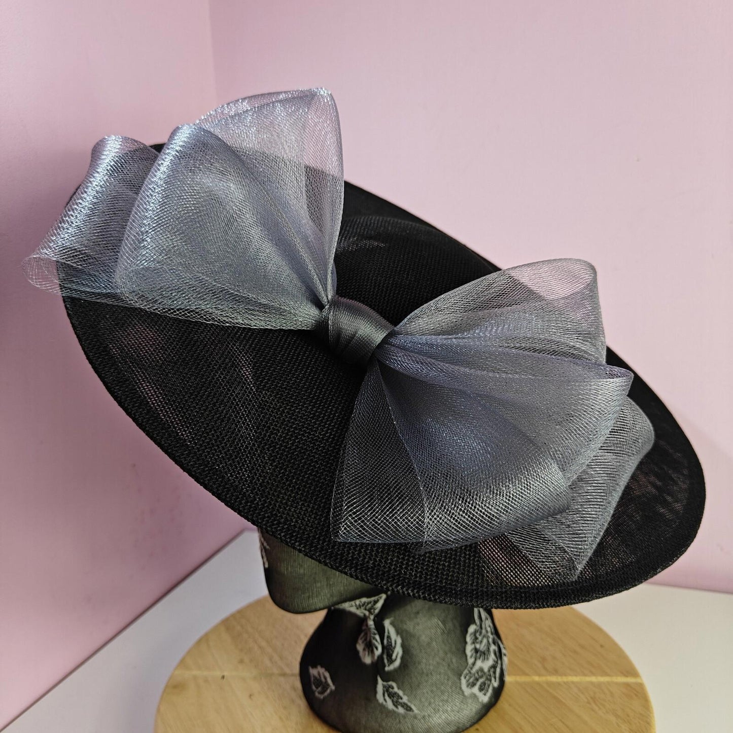 black grey large fascinator wedding hat  Kentucky Derby Royal Ascot bow