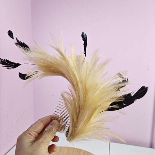 nude cream peach black feather comb fascinator millinery wedding hat