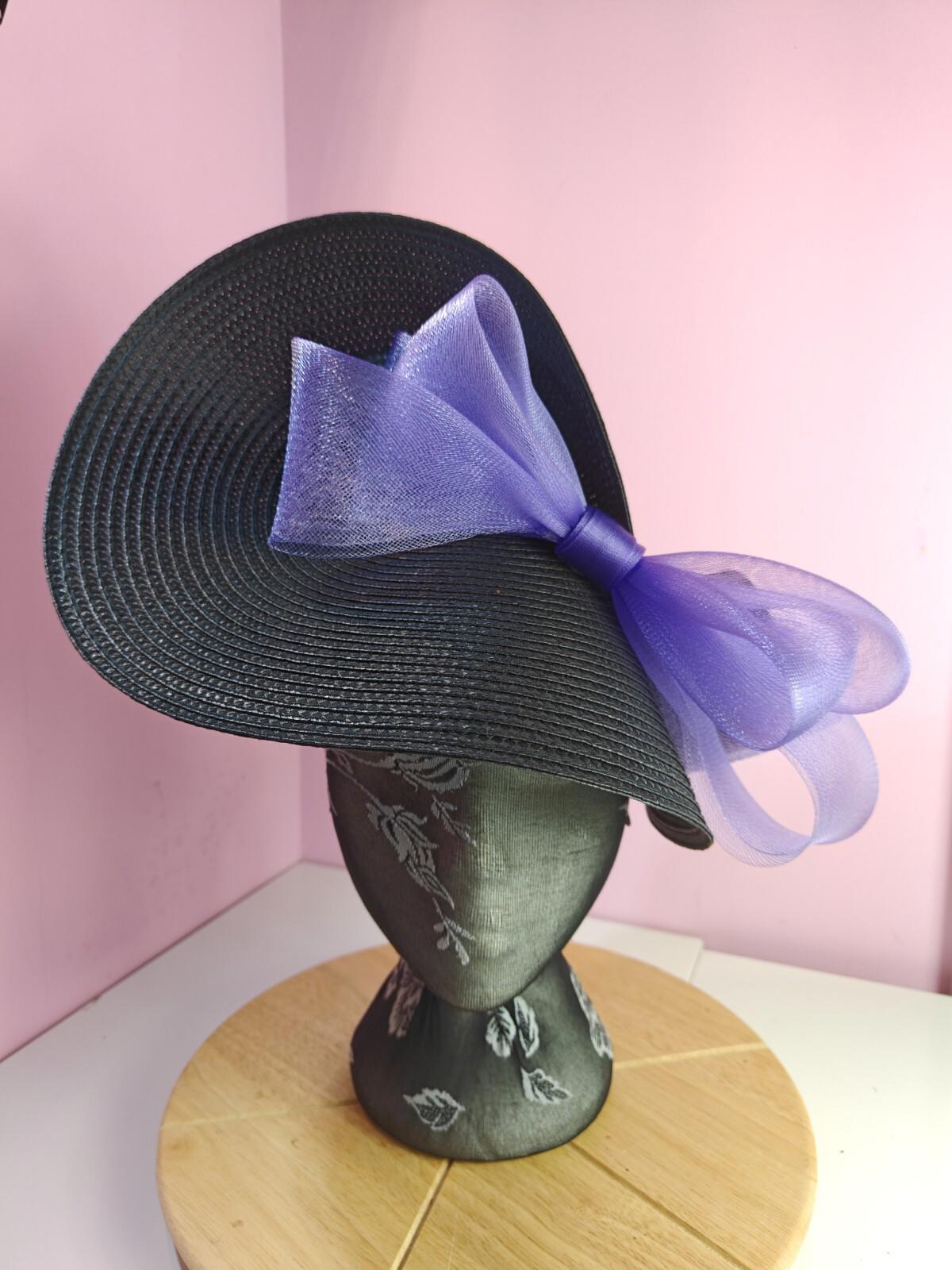 black lilac purple large straw fascinator wedding hat Kentucky Derby Royal Ascot
