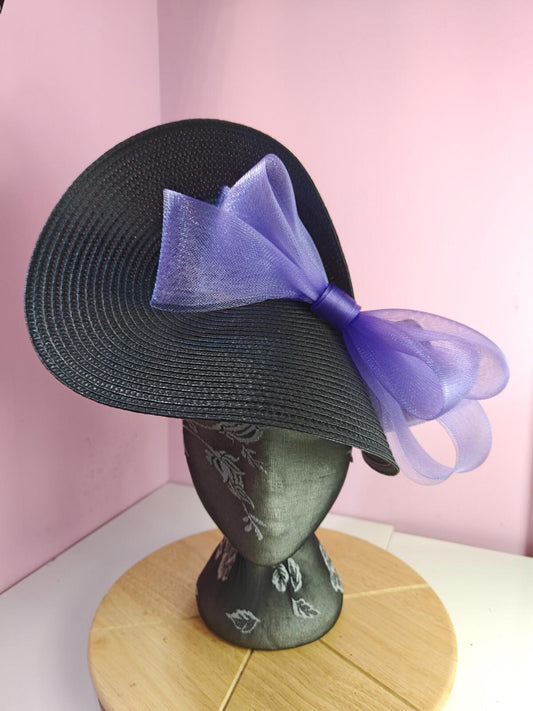 black lilac purple large straw fascinator wedding hat Kentucky Derby Royal Ascot