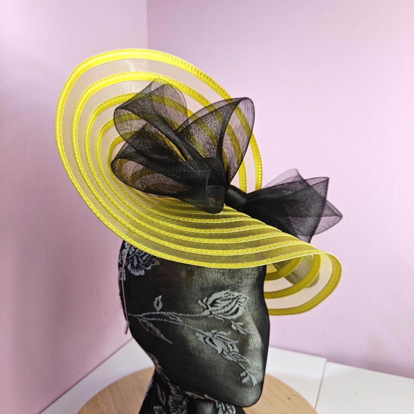 yellow black bow fascinator millinery wedding hat Kentucky Derby Royal Ascot
