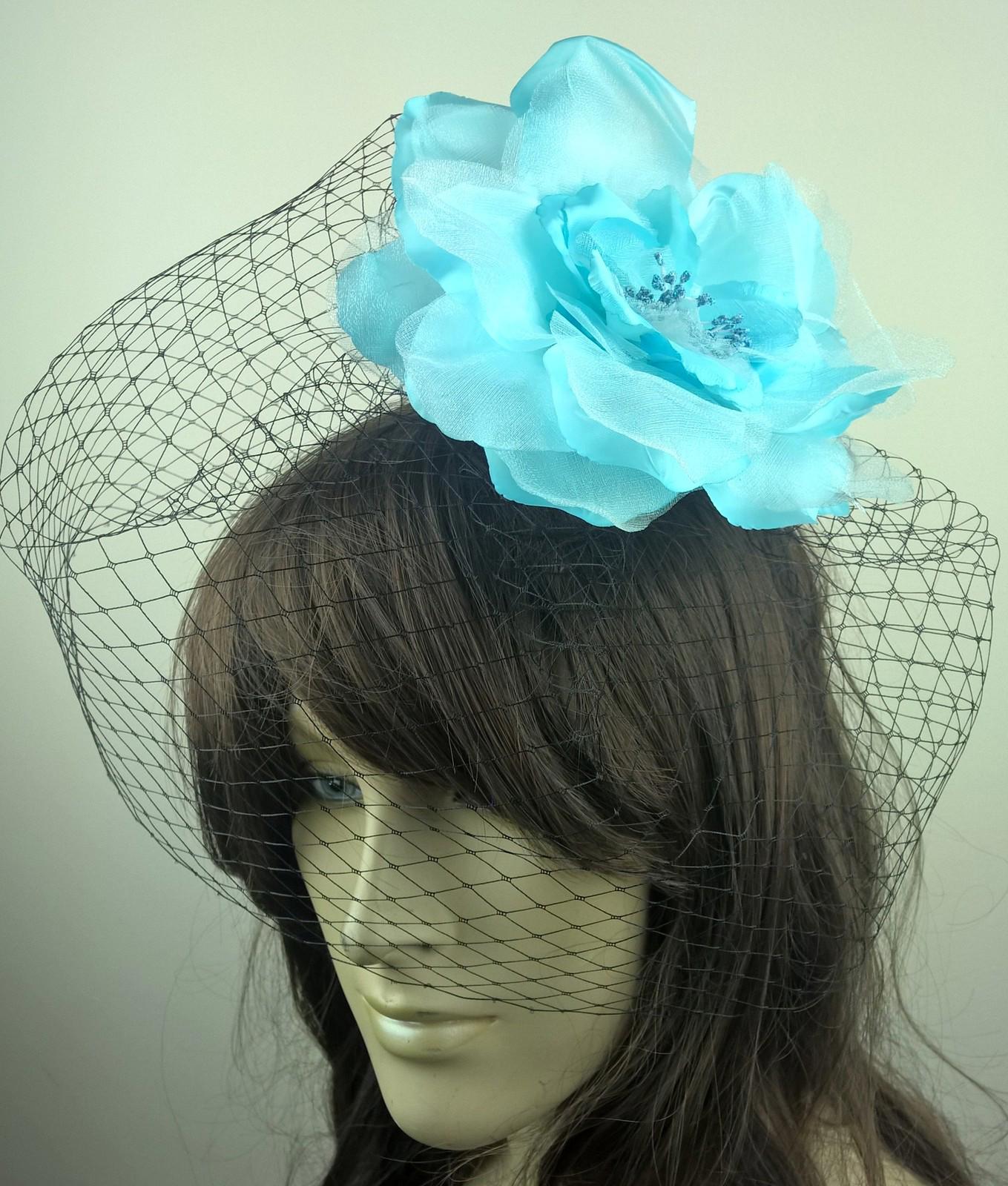 turquoise satin flower black veiling fascinator hair clip ascot wedding bridal x