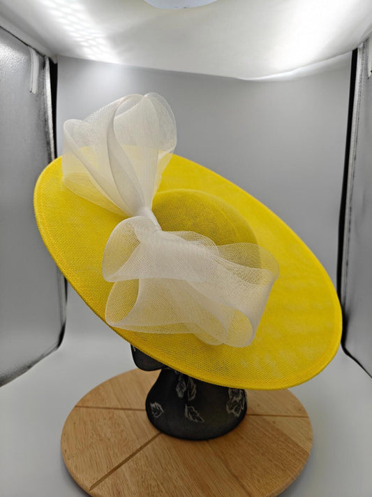 yellow white large fascinator headband wedding hat Kentucky Derby Royal Ascot