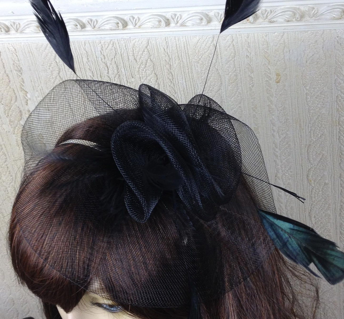 black netting feather hair headband fascinator millinery wedding hat ascot