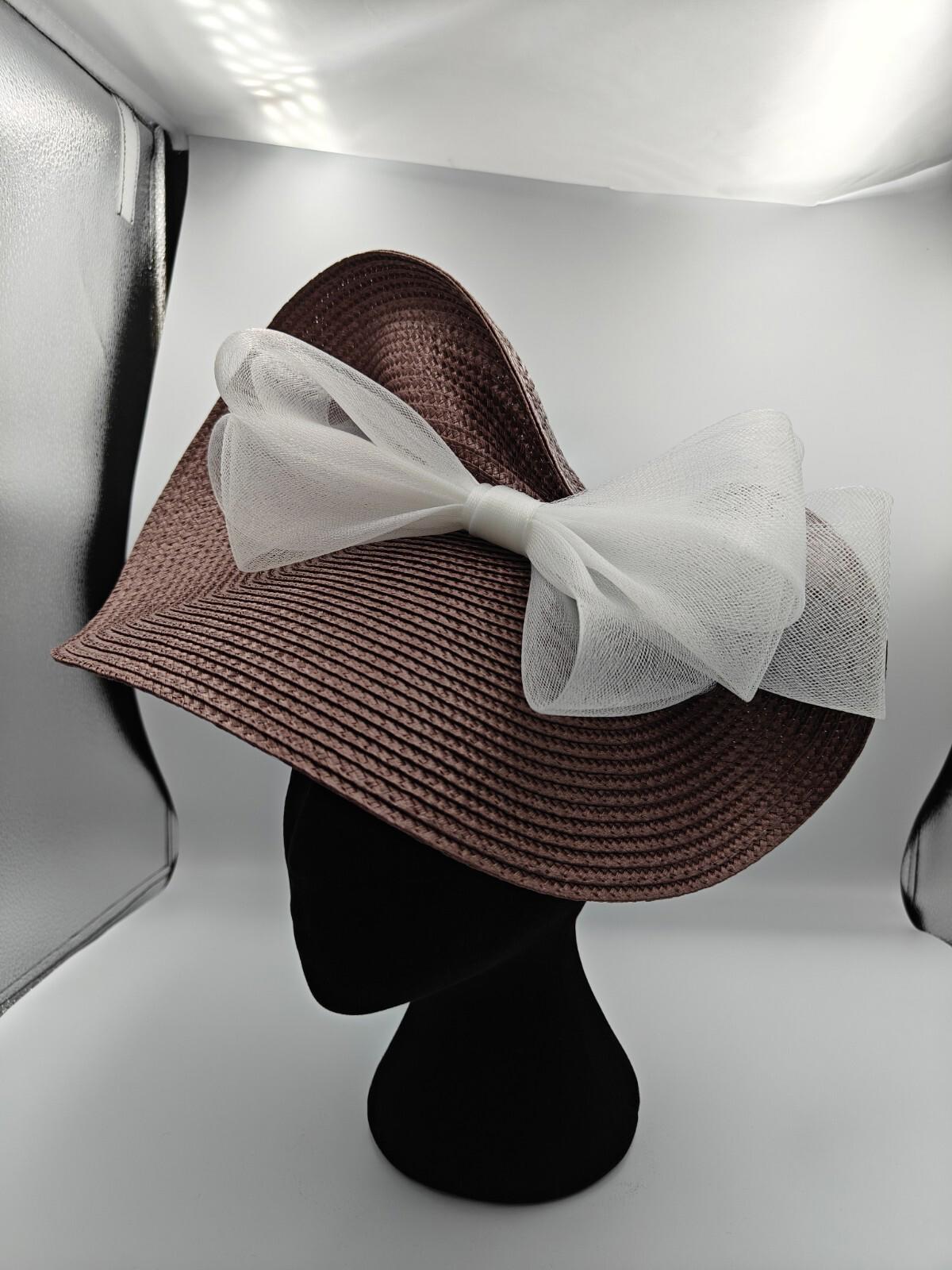 dark brown white bow straw fascinator millinery burlesque headband wedding hat