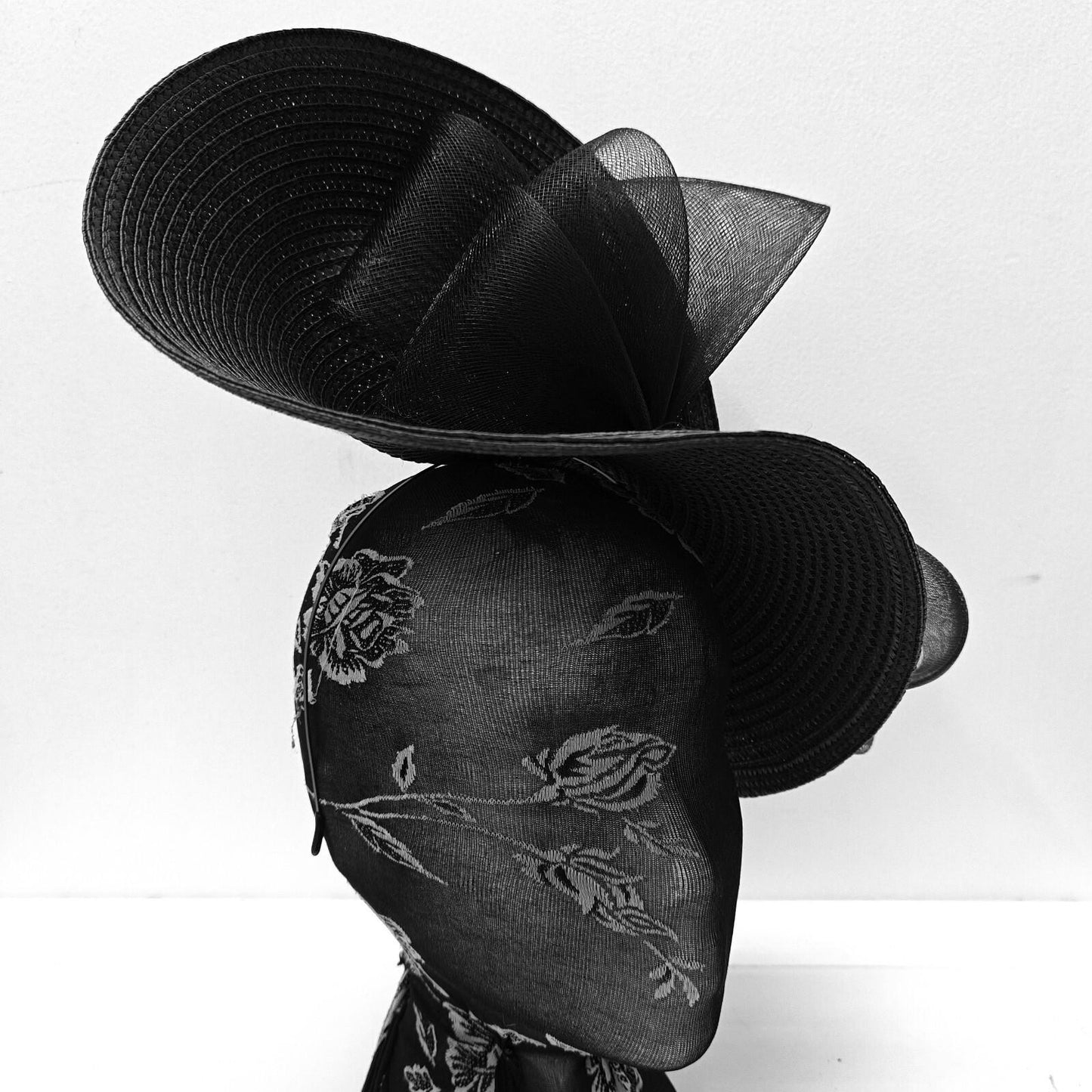 black large straw fascinator millinery burlesque headband wedding hat bow