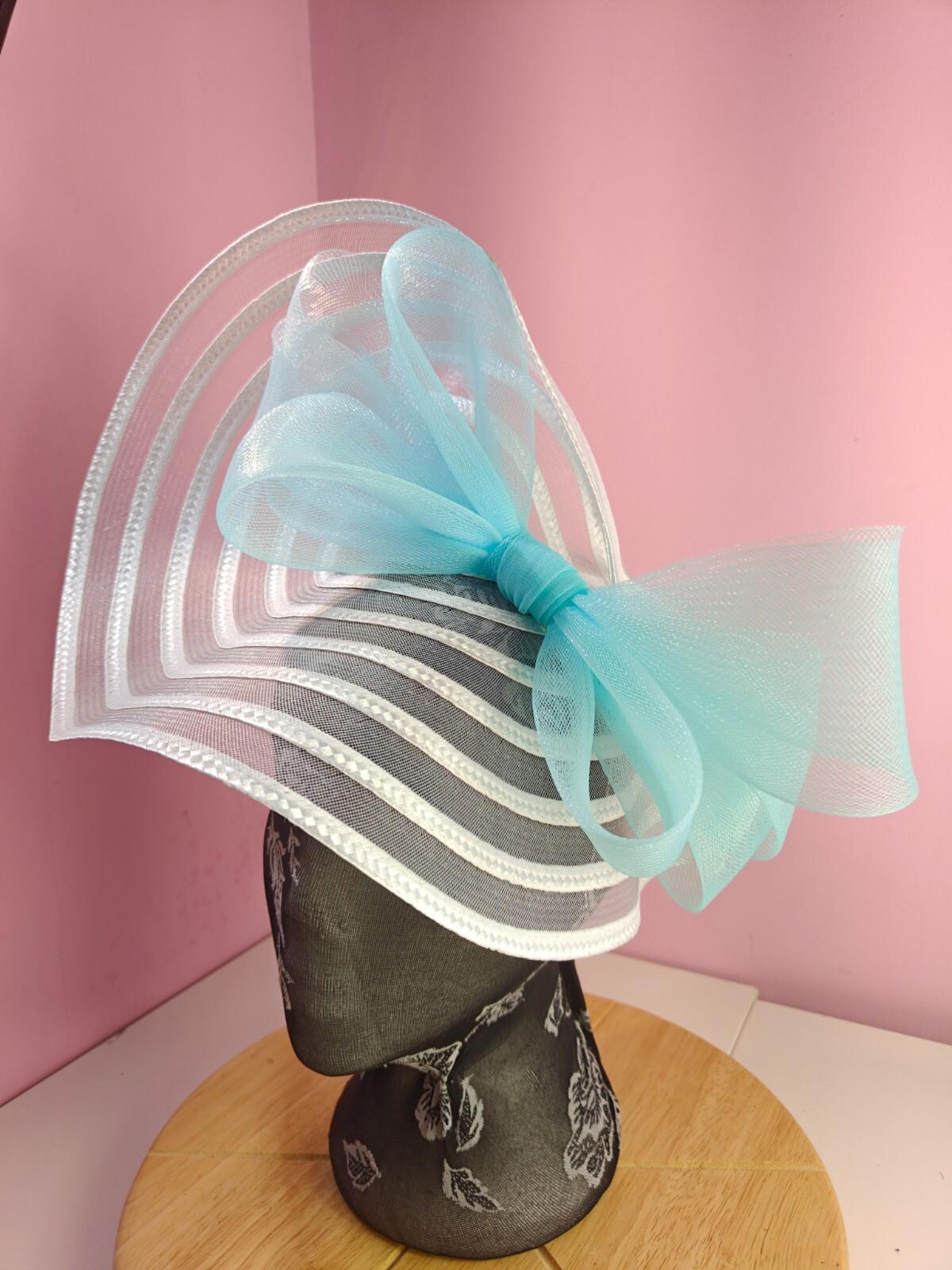 white blue bow fascinator millinery wedding hat Kentucky Derby Royal Ascot