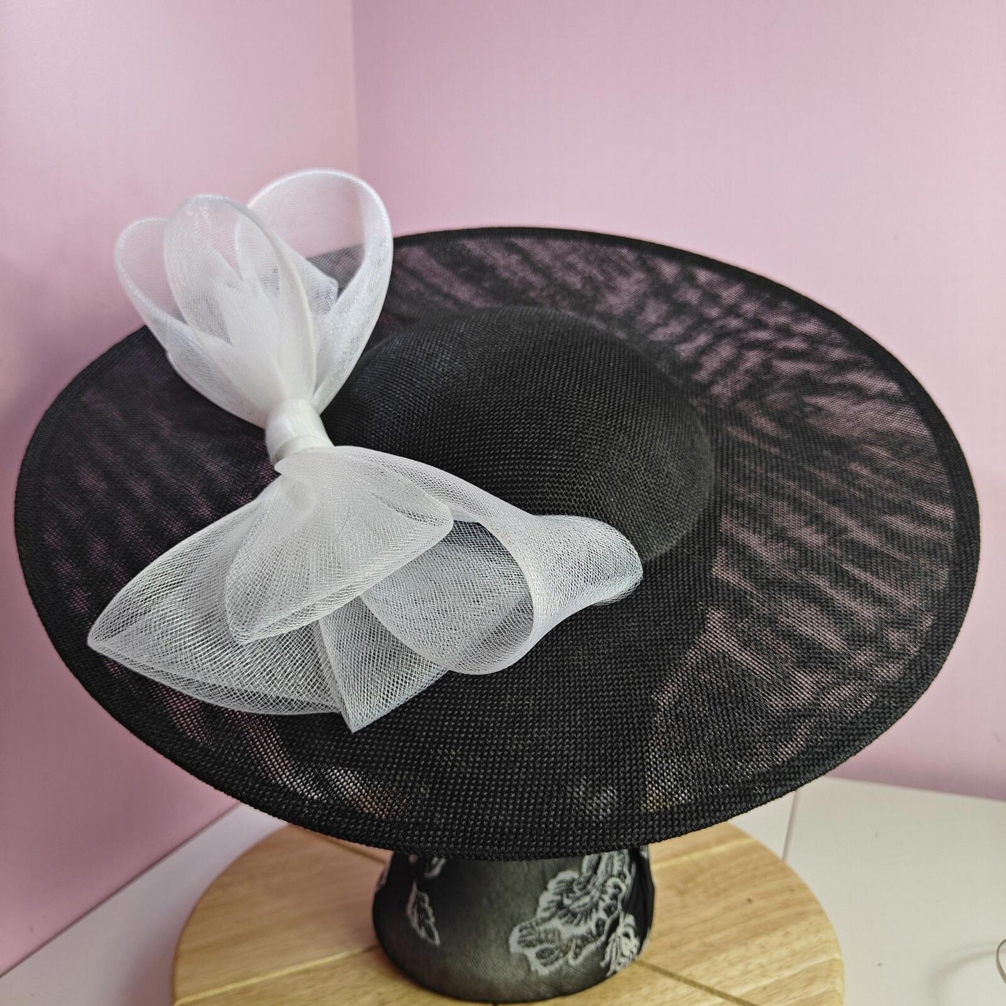 black white large fascinator wedding hat  Kentucky Derby Royal Ascot bow