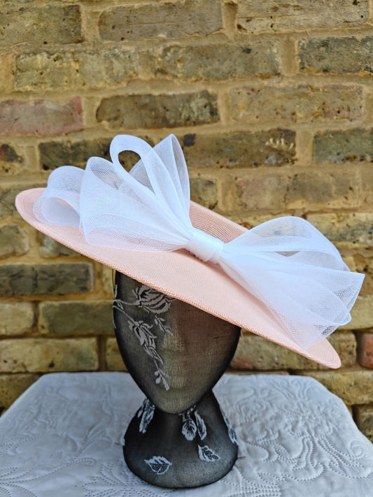 peach pink white large fascinator wedding hat  Kentucky Derby Royal Ascot bow