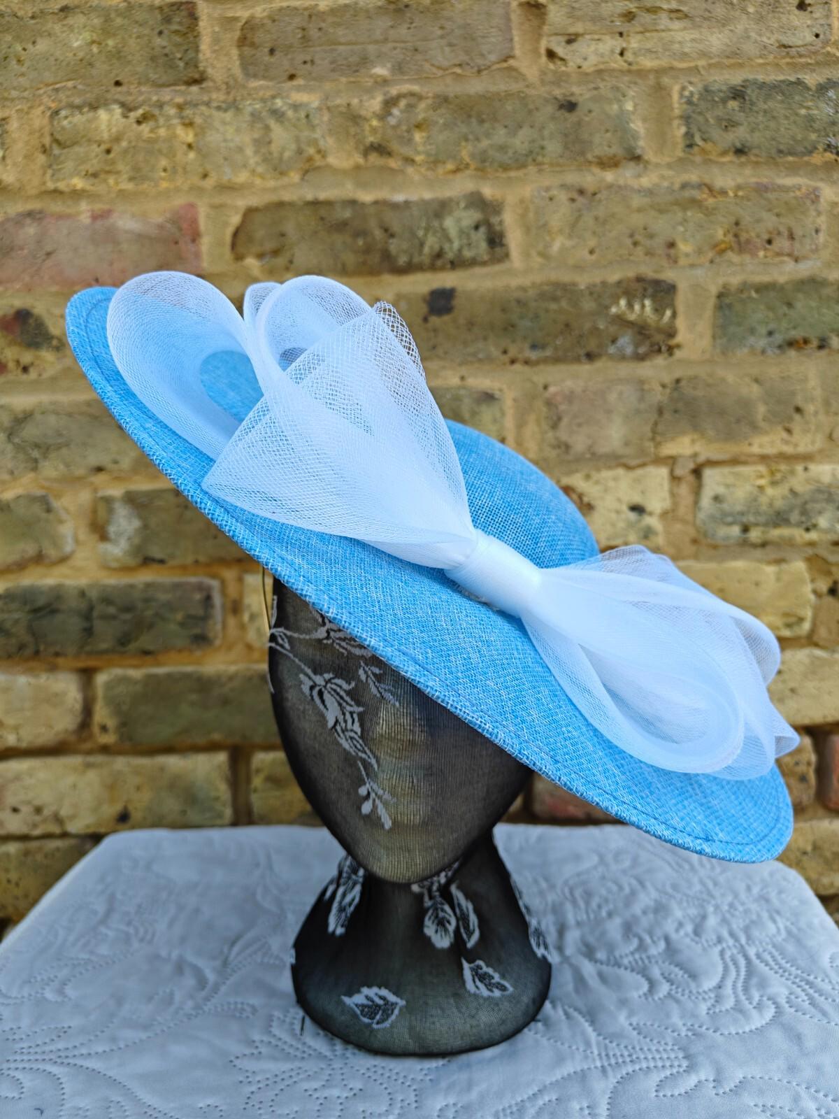 blue white large fascinator wedding hat  Kentucky Derby Royal Ascot bow