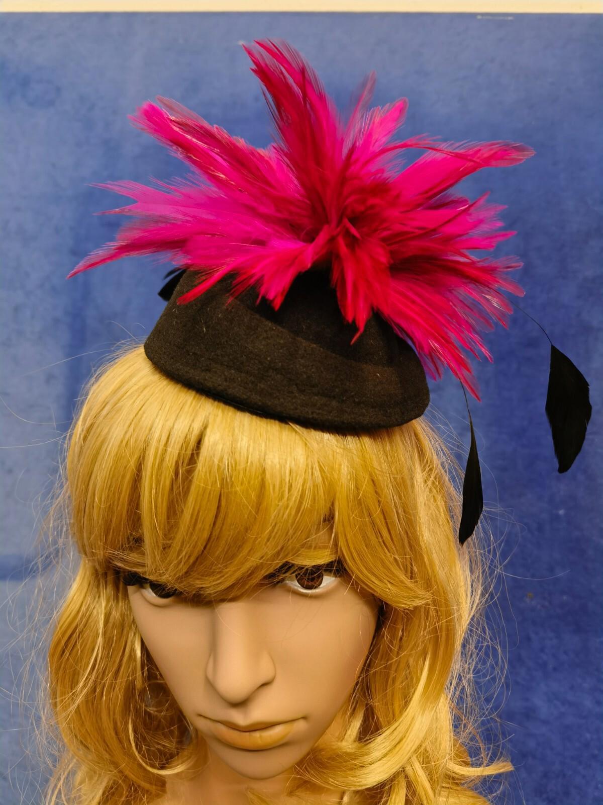 Pink black feather flower felt mini pill box hat veiling veil fascinator