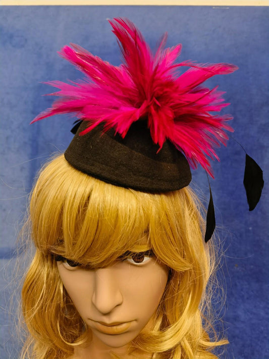 Pink black feather flower felt mini pill box hat veiling veil fascinator