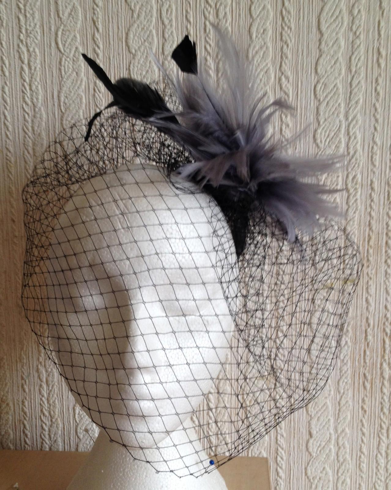grey feather black veiling fascinator millinery brooch clip ascot wedding bridal