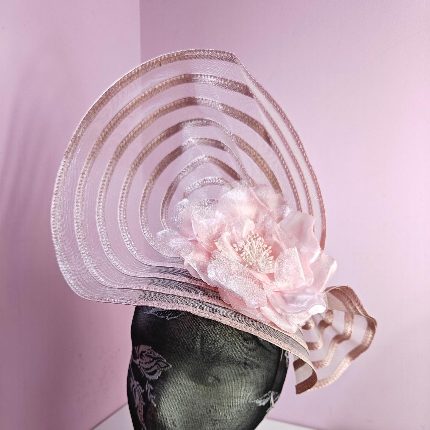 light pink flower fascinator millinery wedding hat Kentucky Derby Royal Ascot