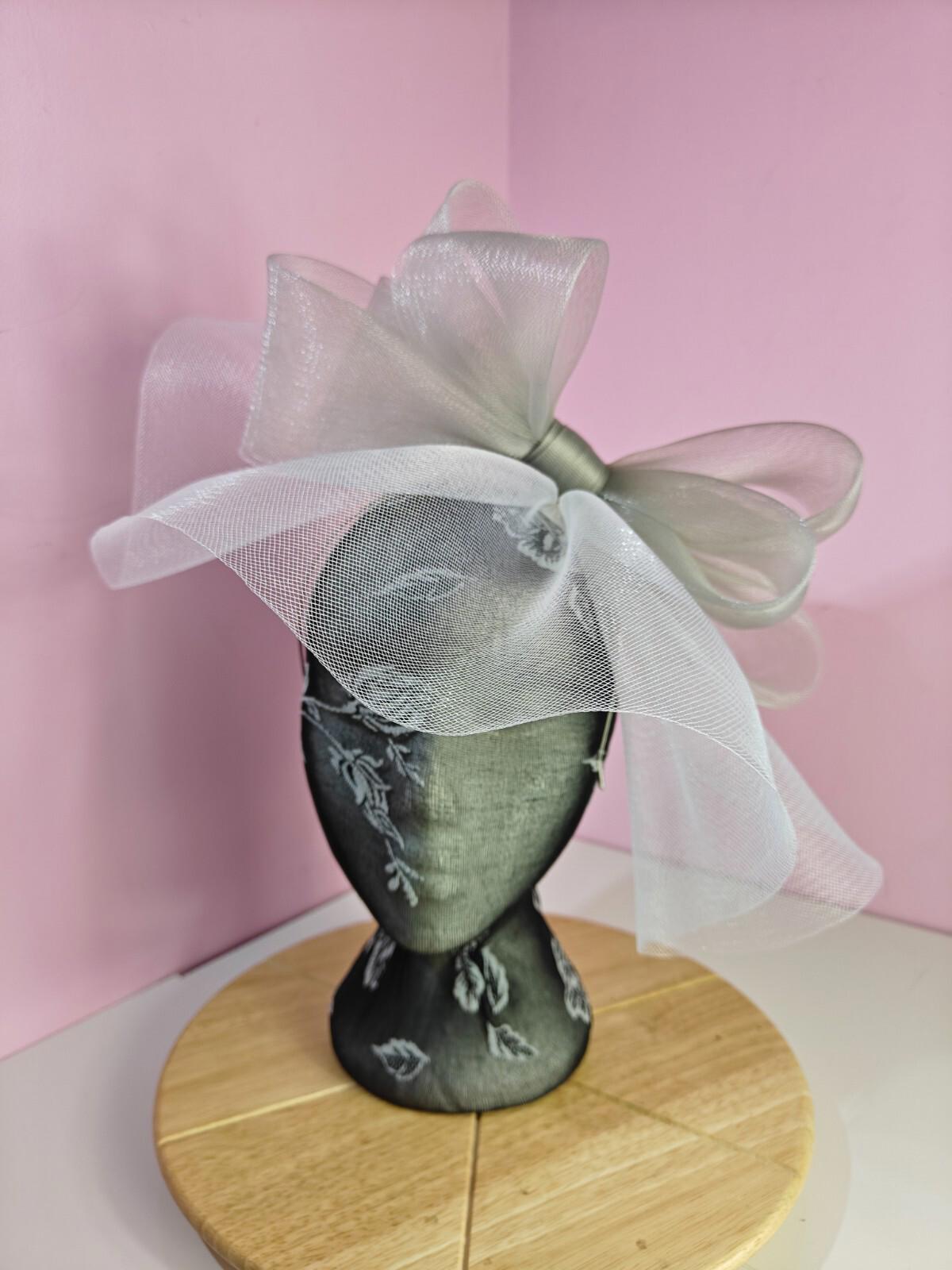white grey fascinator millinery headband derby wedding hat ascot race