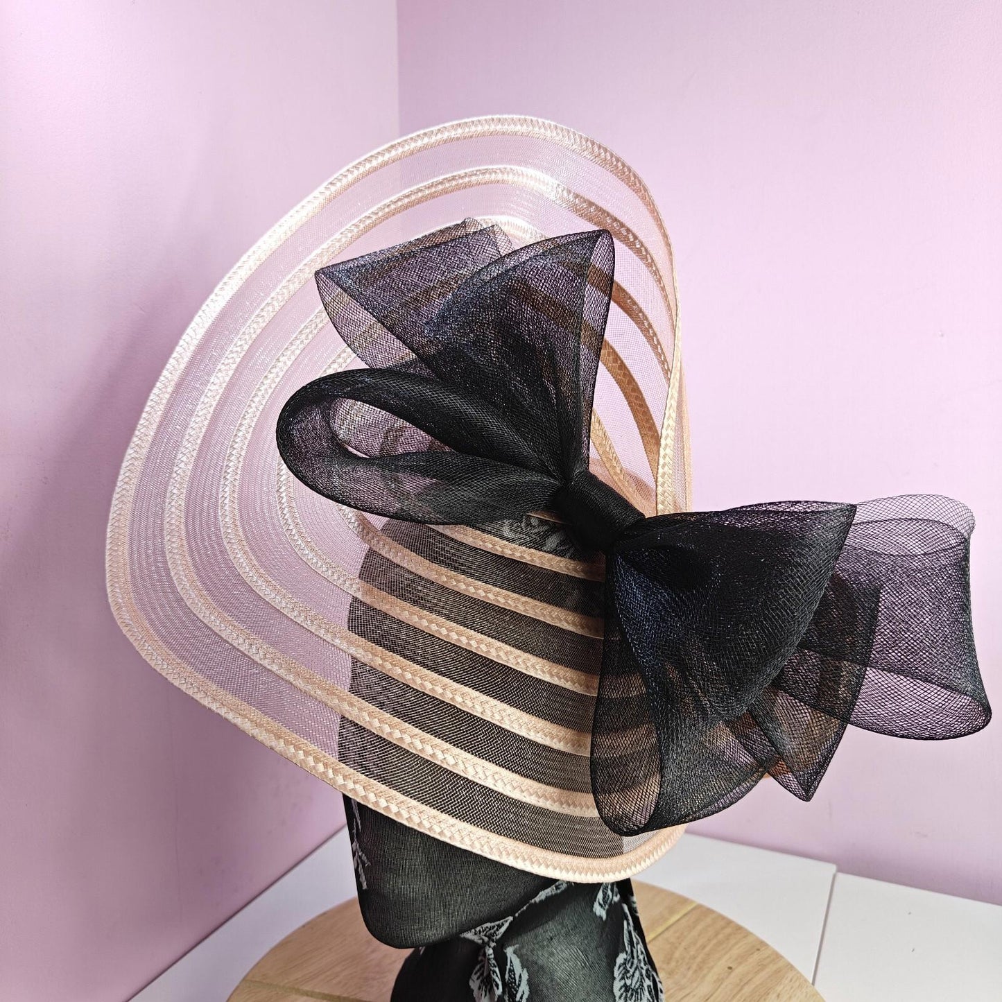 peach coral black fascinator millinery wedding hat Kentucky Derby Royal Ascot